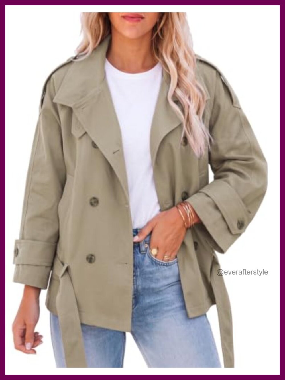 Womens Cropped Trench Coat Double Breasted Belted Raglan Sleeve